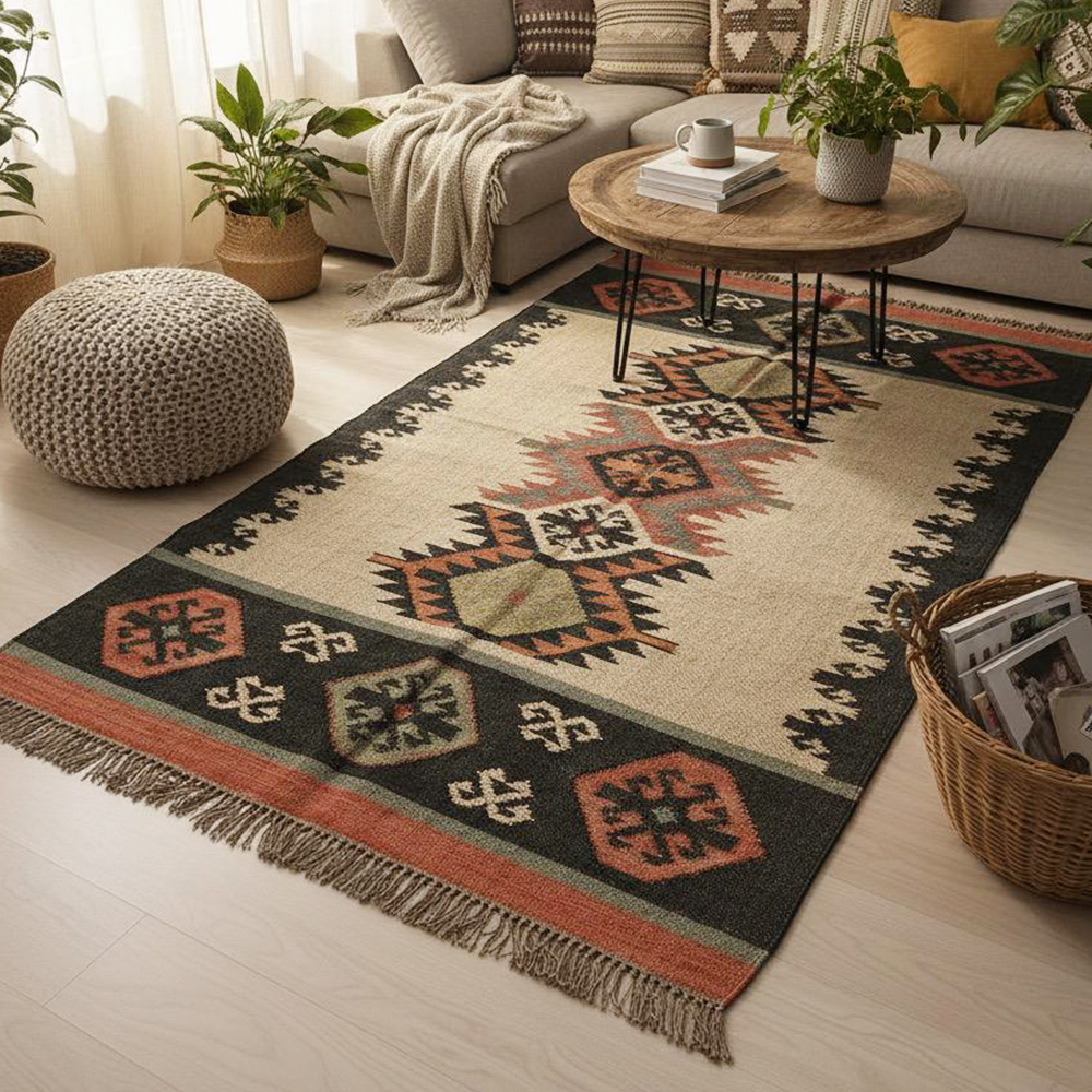 Handmade Vintage Multicolor Jute Dhurrie For Home